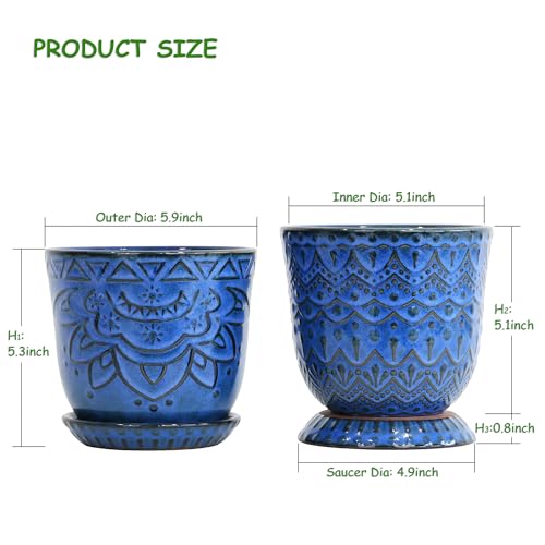 Gepege Ceramic Plant Pots, 6 Inch Indoor Planters with Drainage & Saucers - color: Blue-c, size: 6 Inch - Set of 2