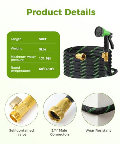 50ft Garden Hose，Non-Expandable Water Hose with 8 Function Spray Nozzle, Burst-Resistant，Kink-Free，Lightweight，Durable & Flexible 3/4" Garden Hose for Gardening, Yard，Lawn, Car Washing - size: 50ft