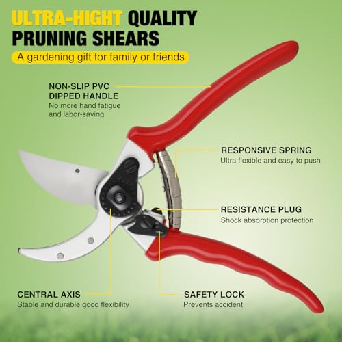 Yesker Pruning Shears Pruners for Gardening 8.5 in Professional Bypass Garden Scissors with Sharp SK5 Steel Blade Heavy Duty Hand Garden Shears Clippers for Branch Flower Plant Trimming Cutting Tools - size: 1PCS 8.5" Red