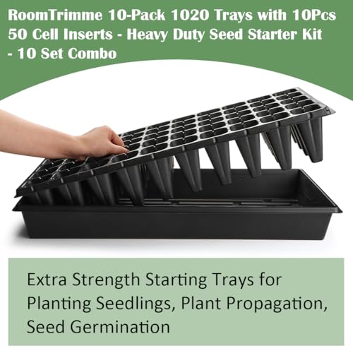 RooTrimmer 10 Pack 1020 Trays and 10 Pack 3.5" Deep 50 Cell Seed Starter Trays, 20" x 10" - Durable Plastic Nursery Flats for Microgreens, Seedling,Seed Germination & Plant Propagation (10 Set) - size: 50 Cells