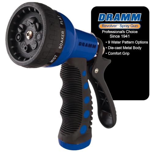 Dramm Revolver Heavy Duty Metal Garden Hose Nozzle – 9 Spray Patterns, High Pressure Jet, Thumb-Control Flow, Ergonomic Grip – Blue - color: Blue, size: Revolver