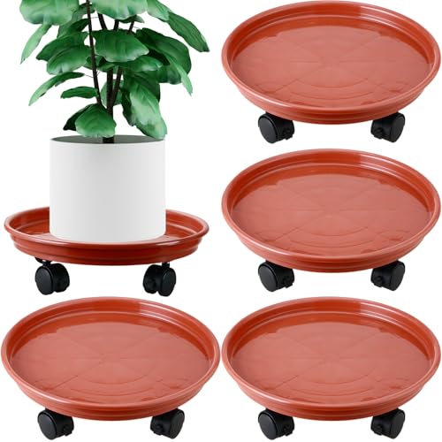 4 Packs Plant Caddy with Wheels 11.8" Plastic Rolling Plant Stands Heavy-duty Plant Dolly with Casters Indoor Outdoor Wheeled Plant Roller Base Large Planter Saucers Plant Mover - color: Rust red, size: 11.8" - 4 packs