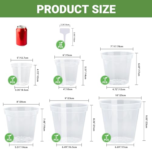GREANER Clear Plastic Plant Pots, Orchid Pots with Holes and 20 Pcs Plant Labels, 5/6/7/8/9/10 Inch(Pack of 15) - color: 15pcs/Clear, size: 5/6/7/8/9/10inch