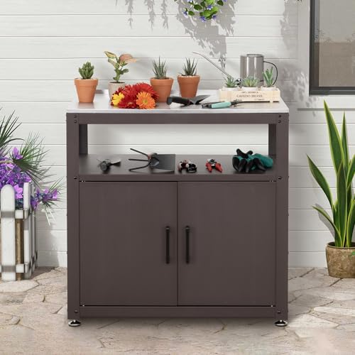Feasto Heavy-Duty Potting Bench with Storage & Stainless Steel Top - color: Brown