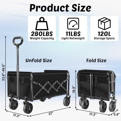 Wagons Carts Foldable, 280 Lbs with Adjustable Handle, Black Lightweight Portable, Collapsible Wagon for Beach Trip, Camping, Shopping, Sports, Travel, Picnic and Grocery (Dark Black)