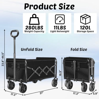 Wagons Carts Foldable, 280 Lbs with Adjustable Handle, Black Lightweight Portable, Collapsible Wagon for Beach Trip, Camping, Shopping, Sports, Travel, Picnic and Grocery (Dark Black)