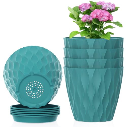 Meowell 4 inch Small Plastic Nursery Pots, 5 Pack Water Ripples Flower Pots for Indoor Plants, Plant Pots with Drainage Holes and Saucers, Seedling Starter Planters for House Plants, Blue Green - color: Blue Green, size: 4 inch 5 pieces