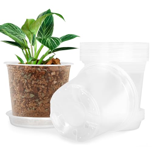 FUIJOL 5 Inch Clear Nursery Pots for Plants with Sacuers 15 Pack, Plastic Flower Pots with Drainage Holes, Variety Pack Seedlings Garden Pot for Indoor Outdoor (5 inch) - size: 5 inch
