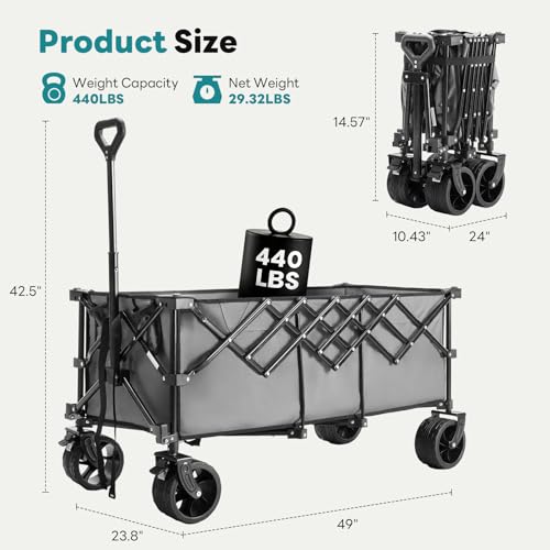 DUMOS 49" L Collapsible Wagon with Wheels, Large Folding Wagon Cart 440LBS - color: Gray, size: 250L