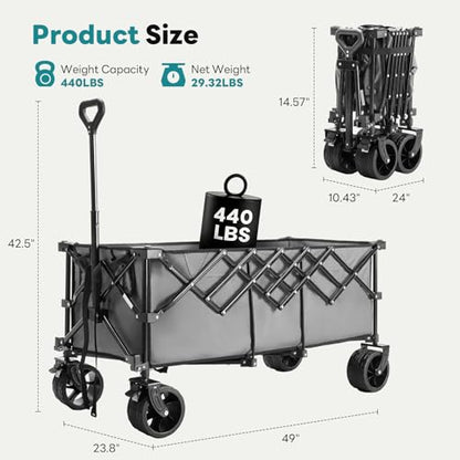 DUMOS 49" L Collapsible Wagon with Wheels, Large Folding Wagon Cart 440LBS - color: Gray, size: 250L