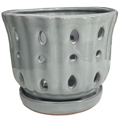 Ceramic Orchid Pot with Attached Saucer and Drainage Hole 6'' Gray - color: Gray
