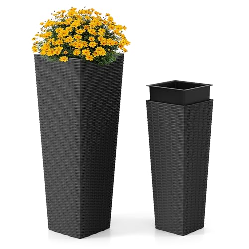 HAPPYGRILL Rattan Tall Planter Set of 2 with Removable Inner Trays - color: Black