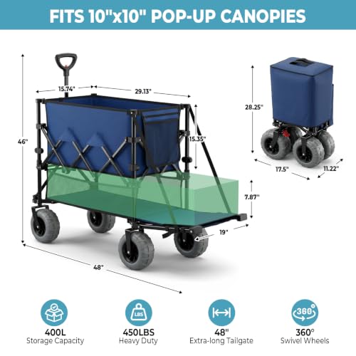 Romswi Heavy Duty Double Decker Wagon 9" Wide Big Wheels, 450LBS Capacity, 48" Extender,400L Large Foldable Wagon Cart, Adjustable Handle, All-Terrain Cart for Beach,Camping,Garden,Navy Blue