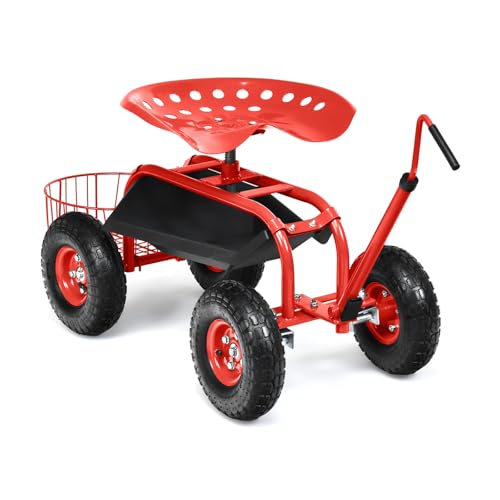 Rolling Garden Seat, Garden Stool with Wheels, Extendable Handle, Storage Basket & Tool Tray, Garden Scooter with 360 Degree Swivel Seat for Outdoor, Garden & Yard (Red) - color: Red