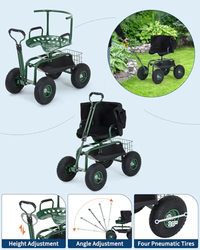 Garvee Heavy Duty Garden Cart, Garden Scooter Rolling Work Seat - color: Green With Back