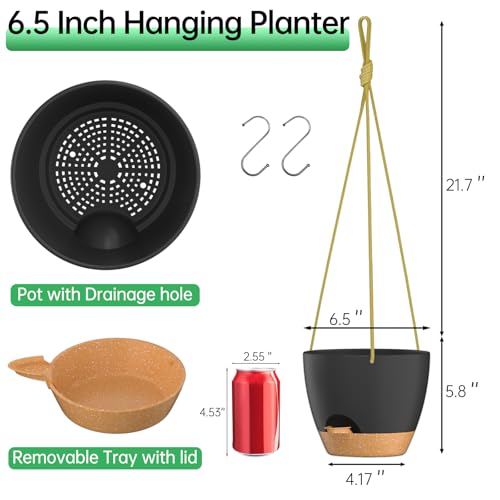 ZMTECH 6.5 Inch Hanging Planters for Indoor Outdoor Plants, 2 Pack Self Watering Hanging Plant Pots with Drainage Holes and Removable Saucer, Plastic Flower Hanging Pots with Watering Lip (Black) - color: Black, size: 6.5 Inch