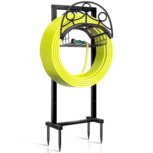 Garden Hose Holder – Detachable Water Hose Holders Stand, Holds 160-Feet Hose, Freestanding Metal Hose Storage Hanger Rack with Storage Basket for Outside Yard Lawn Farm