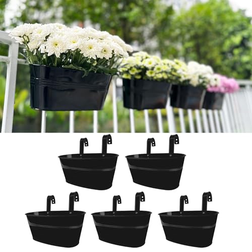 LaLaGreen Rail Planter (9.8 in, 5 Pack) Black Metal Balcony Porch Pots - size: 9.8" (25 cm) x 5 Pack