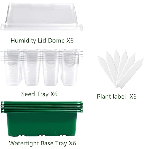 Seed Starter Tray, 6 Set Seedling Kits with Adjustable Humidity Dome, Plant Starter Kit for Seeds Growing Starting (12 Cells per Tray)