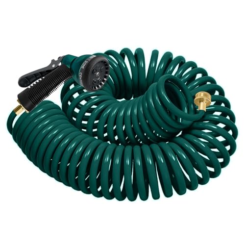 Coil Hose 75FT EVA Coil Garden Hose With 3/4'' Brass Connector - color: Green, size: 75ft