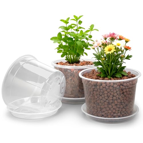 RAOOKIF 10 Inch Nursery Pots with Saucers, 4 Pack Large Size Clear Nursery Pots with Drainage Hole for Indoor Outdoor Plants, Plastic Clear Pots for Plants for Flowers, Succulents, Vegetable - size: 10 inch-4pcs