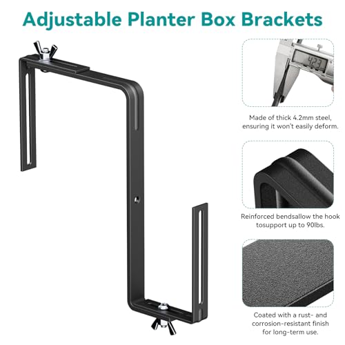 Adjustable Planter Box Brackets,Enhanced Bottom Support,Universal Outdoor Hanging Brackets,Flower Box Brackets for Fence Railings, Windowsill, Patio, Garden,Balcony. (6, Black) - color: Black