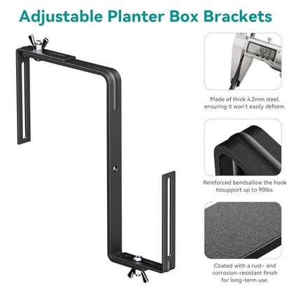 Adjustable Planter Box Brackets,Enhanced Bottom Support,Universal Outdoor Hanging Brackets,Flower Box Brackets for Fence Railings, Windowsill, Patio, Garden,Balcony. (6, Black) - color: Black