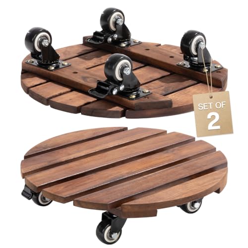 Idzo 2-Pack 14 Inch Acacia Wood Plant Caddy with Wheels – Heavy-Duty Plant Dolly with 264 Lbs Capacity, 360° Lockable Wheels for Large Plant Pots, Heavy Objects, Ideal for Indoor and Outdoor Use - color: Round Wood Brown, size: 14 Inch