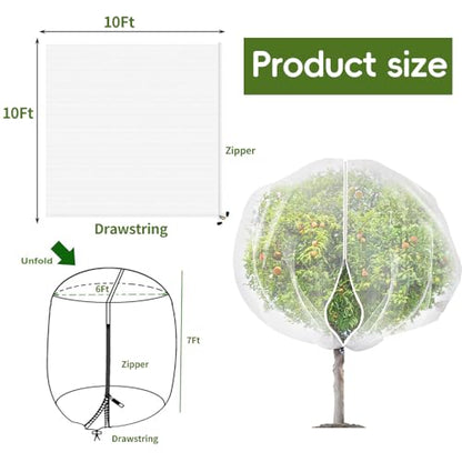 2Pcs 10X10ft Fruit Tree Netting Covers for Birds and Squirrels –Bird Nets for Fruit Trees with Zipper and Drawstring, Extra Large Durable Mesh Garden Netting to Protect Fruit Trees - size: 10 X10ft