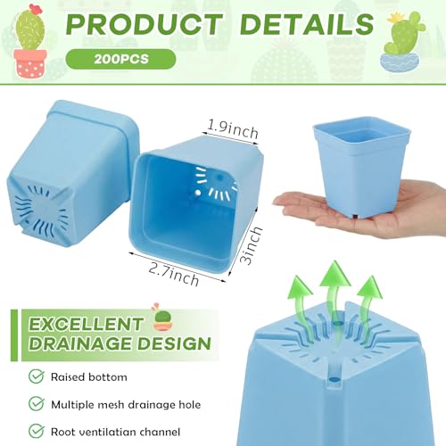 Yaomiao 200 Pack 3 Inch Blue Nursery Pot Square Flower Pots Plastic Plant Succulent Planter Seed Starting Pots with Drainage Holes for Garden Office Balcony Decor Indoor Outdoor Plant Seedling - color: Blue