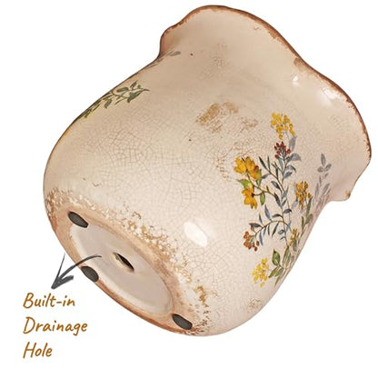 Ceramic Flower Vase, Rustic Farmhouse Vases & Planting Pots with Drainage - color: Yellow Blooms