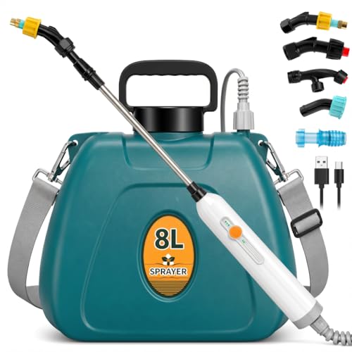 2 Gallon Battery Powered Sprayer, Electric Pump for Weed Killing & Fertilizing, 5 Nozzles, 2500mAh Rechargeable Garden Sprayer with Retractable Wand, Waterproof Handle for Lawn Care