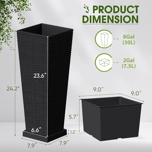 Devoko Resin 23.6'' Tall Planters, Large Taper Outdoor Planter - color: Black, size: 23.6" With Trays