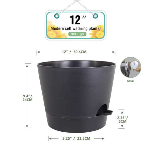 Meowell 12 inch Large Self Watering Pot for Indoor Outdoor Plants, Black - color: Black, size: 12inch A