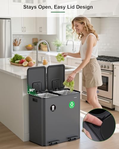 Lovewind 2×11.5 Gallon Dual Trash Can, Stainless Steel Dual Garbage and Recycling Can with Foot Pedal, 90° Stay-Open Lid, Pet-Proof Design – Large Dual Compartment Trash Recycling Bins Kitchen, Grey - color: Grey, size: 23 Gallon