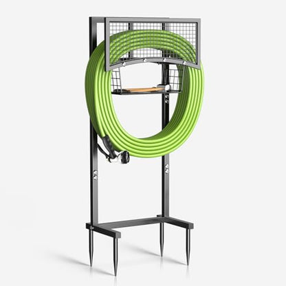 Garden Hose Holder Freestanding with Storage Basket, Holds Up to 165FT Hose, Heavy Duty Metal Water Hose Holder with 4 Anchor Spikes, for Yard, Lawn & Patio - color: Black