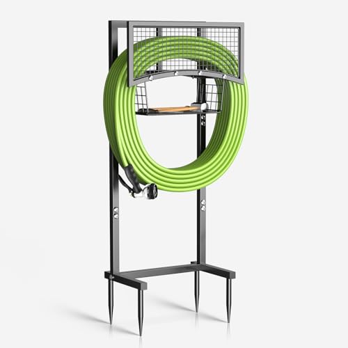 Garden Hose Holder Freestanding with Storage Basket, Holds Up to 165FT Hose, Heavy Duty Metal Water Hose Holder with 4 Anchor Spikes, for Yard, Lawn & Patio - color: Black
