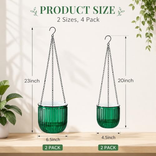 Pumtus 4 Pack Self Watering Hanging Planters, 6.5'' & 4.5'' Plastic Indoor Outdoor Flower Pot, Round Basket with Drainage Hole & Detachable Chain, Succulent Plant Container for Patio Garden Home Decor