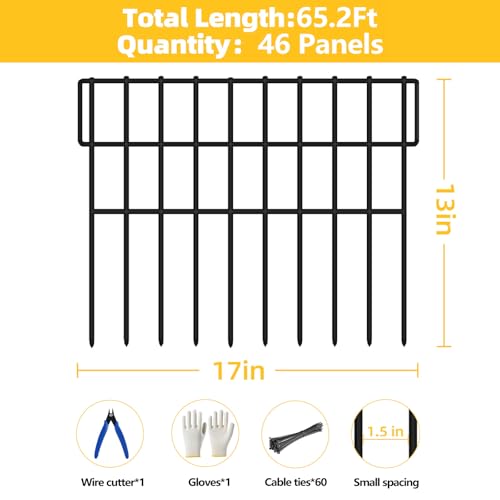 ULIOK 46 Panels Animal Barrier Fence, Garden Fence Animal Barrier, No Dig Fencing, 65.2ft(L) x 13in(H) Dog Fencing Rabbit Fences, 1.5in Spike Spacing Rustproof Metal Fences Border for Outdoor Yard - size: 46 Panels-65.2ft(L)x13in(H)