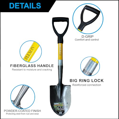 Plexon Mini Transfer Shovel 27" – Fiberglass Handle, 50Mn Steel Blade, D-Grip – Compact Spade for Car Emergency, Camping, Garden & Sand - style: Round