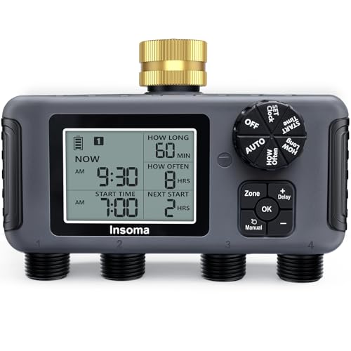 Insoma Water Timer with Brass Inlet, 4 Independent Zones Outdoor Hose Timer for Garden Faucet with Auto/Manual/Rain Delay Mode, IPX5 Waterproof, Sprinkler Irrigation Controller for Yard Lawn - color: Black, size: 4 Outlets