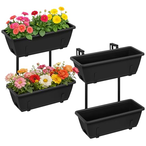 2 Tier Railing Planter Box Set of 2, 4 Pack Black Window Boxes Planters - color: Black