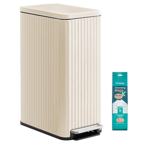 SONGMICS Trash Can, 13 Gallon (50 L) Slim, Stainless Steel, with Lid, Pedal - color: Cream White, size: 13 Gallon (Slim)