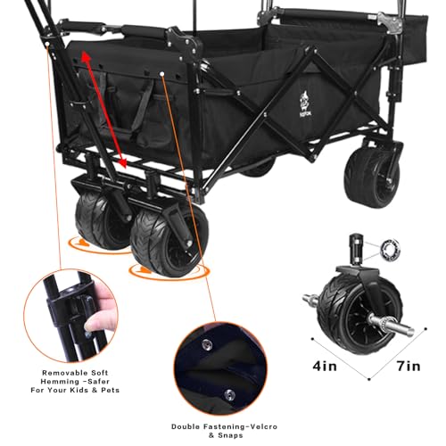 Foldable Wagon with Removable Canopy & Cooler Bag - Heavy Duty Collapsible Wagon Utility Cart with 4" All-Terrain Wheels for Camping, Beach, Garden - color: Black-plus