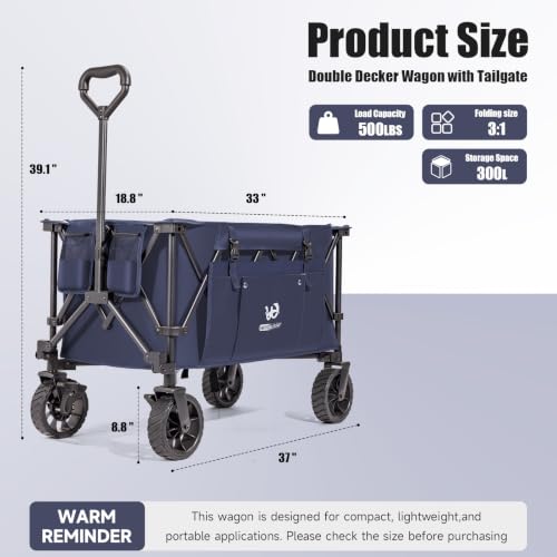 Whitsunday Folding Collapsible Utility Wagon, 400Lbs Heavy Duty Outdoor Park Beach Wagon with Table and Side Pocket for Garden Camping Sports Shopping Dark Blue - color: Dark Blue