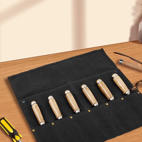 Chisel Roll, 6 Pockets Roll Up Tool Pouch, Waxed Canvas Small Tool Roll - color: Black