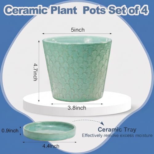 EFISPSS Ceramic Plant Pots, 5 Inch Planters with Drainage Holes and Ceramic Tray, Relief Design Flower Planter, Desktop Office Windowsill Decoration Gift Set of 4 - Transforming Teal - color: Transforming Teal