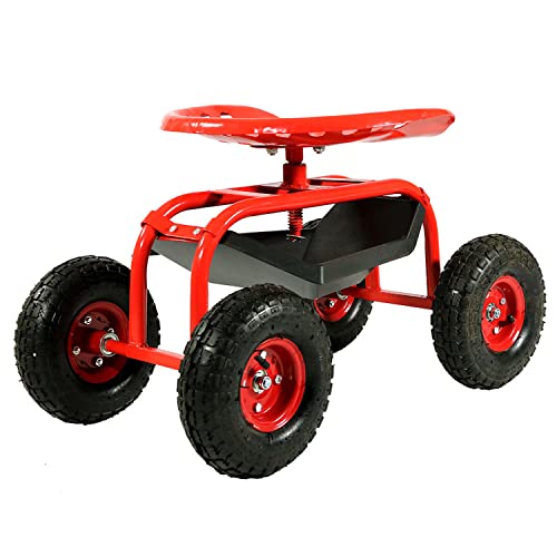 Sunnydaze Rolling Garden Cart with Swivel Seat and Storage, Red - color: Red