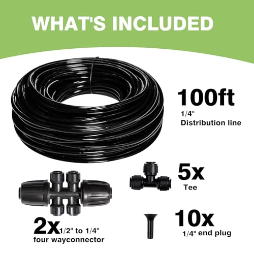 Maotong 100FT 1/4 inch New Quick-Connect Drip Irrigation Kit Distribution Hose Tubing for Garden Irrigation System (Includes 2 Pcs 6-Way Connector, 5 Pcs 1/4" Tee and 10 Pcs End Plugs) - size: 100FT 1/4" Distribution tube