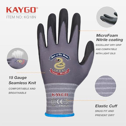 KAYGO Safety Work Gloves, MicroFoam Nitrile Coated, Men Women,KG18N - color: Gray (Snake Edition), size: Medium